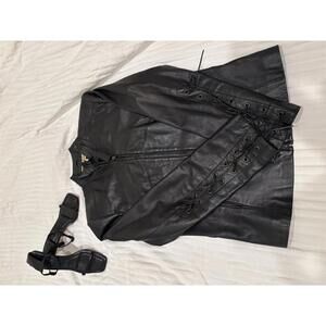Black Leather Women's Jacket with Lace-up Sleeve Details